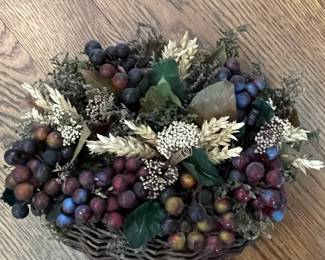 Vintage Faux Fruit Basket Arrangement with Wheat and Greenery