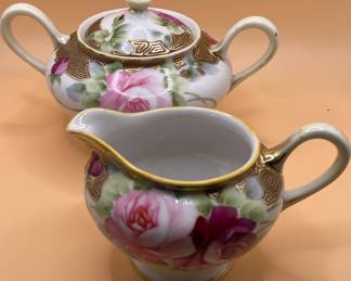 Hand-Painted Nippon Pink Roses Creamer and Sugar Set with Gold Gilded Accents