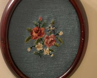 Vintage Floral Petit Point Needlework in Oval Frame