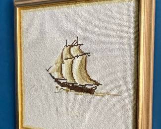 Vintage Framed Needlepoint of a Sailing Ship