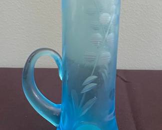 Vintage Blue Etched Glass Shot Glass with Handle