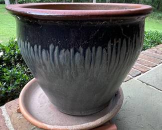 Large Glazed Ceramic Planter with Saucer and Feet