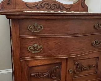 Victorian Era Quarter Sawn Oak Washstand with Lyre-Form Towel Bar and Serpentine Drawer