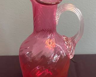 Mid-Century Cranberry Swirl Glass Pitcher by Pilgrim Glass