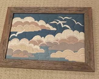 Vintage Fabric Appliqué Seascape Wall Hanging with Birds