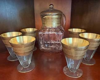 Vintage Tiffin-Franciscan "Rambler Rose" Gold Encrusted Decanter and Stemware Set