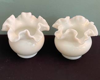 Vintage Fenton Milk Glass Double Ruffled Rose Bowls