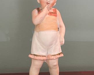 German Bisque Piano Baby Figurine, 'Child with Finger to Lips'