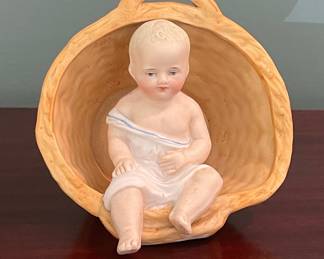 Antique German Bisque Piano Baby in Basket