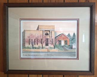 Framed print "The Library" by artist P. Buckley Moss features the Mathews Memorial Library in Mathews, Virginia