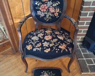 Louis XVI-style needlepoint armchair with matching footstool