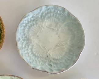 Clam shell design antique majolica butter pats