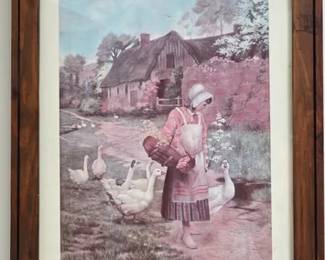 Framed vintage print, "A Morning Greeting"