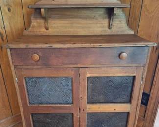 Antique punched tin primitive American kitchen cupboard