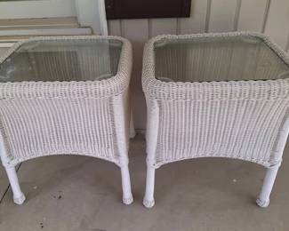 Pair of outdoor wicker glass top tables