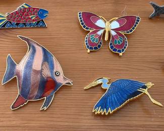 Cloisonné pins, earrings and barrettes