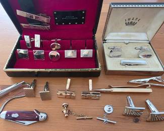 Collection of men's jewelry, cufflinks, tie tacks and pins