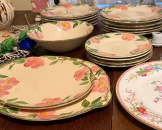 Franciscan Desert Rose collection with dinner plates, salad plates, bowls, serving platters, and more.