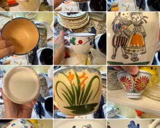 Collection of hand-painted Henriot Quimper French faience pottery, including signed and dated pieces. Features traditional Breton figures, floral and fruit motifs, and colorful hand-painted designs. Assortment includes cups, bowls, and decorative tableware; several pieces are marked Henriot Quimper on the base.