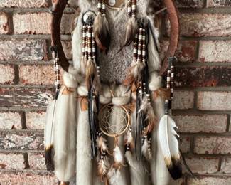 Large Native American Style Dreamcatcher with Fur and Feathers