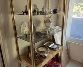 MidCentury Modern Brass and Burl Wood Etagere