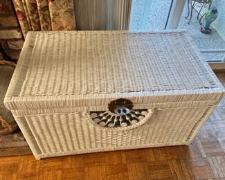Vintage White Wicker Storage Trunk with Brass Hardware
