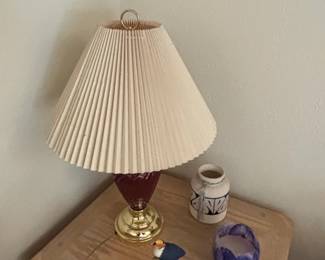 MidCentury Style Burgundy Fluted Glass and Brass Table Lamp with Pleated Shade