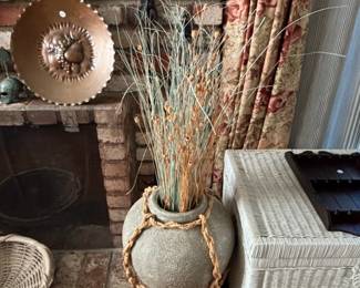 RopeWrapped Ceramic Floor Vase with Dried Grass Arrangement