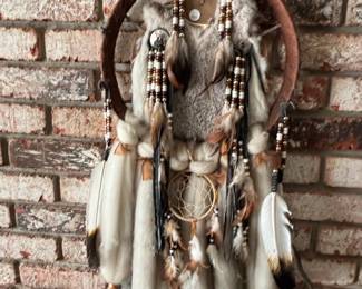 Vintage Native American Handmade Dreamcatcher Wall Hanging with Fur, Feathers, and Beads