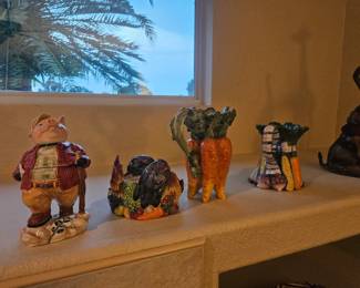 Vintage Fritz and Floyd decorative pieces, pig cookie jar $25, carrot pitcher $45