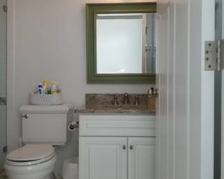 Toilet; bath vanity; vanity lights; mirror