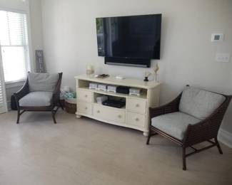 Arm chairs; media console; TV with bracket; sound bar