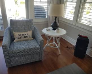 Bernhardt swivel chair. Twig leg accent table; table lamp