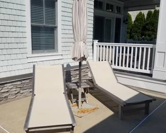 Chaises; umbrella with stand