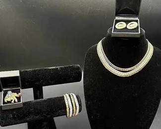 Multi-Strand Gold-toned & White Necklace, Bracelet And Clip-on Earring Set & Napier Elephant Pin