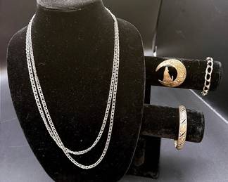 Mexican Sterling Silver Brooch And Bracelet, SS BREV Charm Bracelet And A Silver-toned Chain
