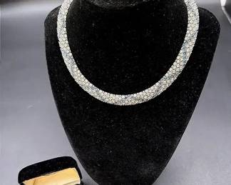Vintage Ciner Rhinestone Collar Necklace And Serling Silver With Blue And Clear Stone Ring