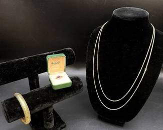 Yellow Gold-toned Lot Featuring A Pink Gemstone Ring, Bangle Bracelet And 27” Chain