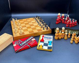 Vintage Chess And Checkers Handcarved Wood Pieces And Board