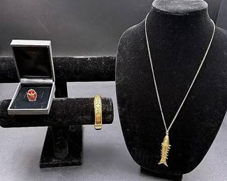Gold-toned Hinged Bangle Bracelet, Articulated Fish Pendant Necklace And Dove Lapel Pin