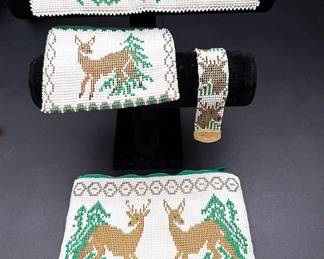 Buck, Doe And Pine Tree Seed Bead & Buckskin Wallet, Coin Purse, Clutch Bag and Keychain