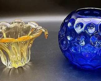 Vintage Murano Style Gold Hand Blown Art Glass Floral Vase & Blue Glass Honeycomb Design Ball Vase