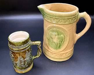 Antique Grazing Cows Stoneware Salt Grazed Pitcher & 1974 Green Ceramic Beer Stein