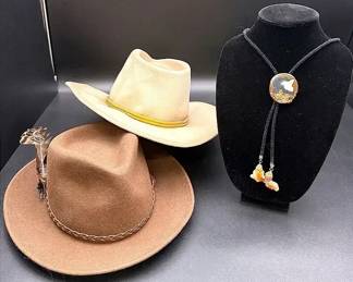 Vintage Youth John Wayne Wool Cowboy Hat And An Eddie Bauer Wool Fedora Hat And Bolo Tie