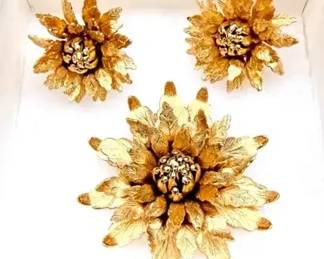 Monet Gold-toned Flower Brooch And Clip-on Earring Set