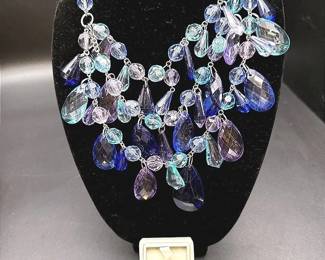 Sunburst Tanzanite Ring And Worthington Multi-Strand Blue & Lavendar Lucite Teardrop Beaded Necklace