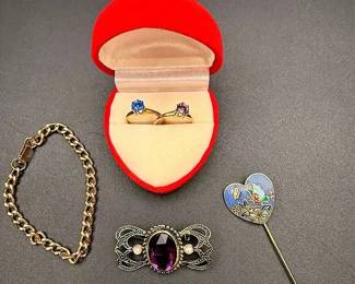 Mixed Vintage Jewelry Lot Featuring Ornate Purple Brooch, Cloisonné Stickpin, Bracelet & Rings