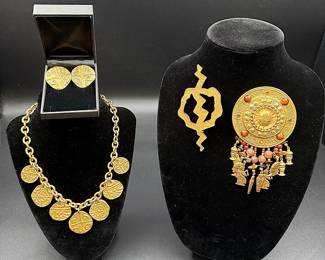 Monet Roman Coin Necklace And Clip-on Earring Set And Egyptian Revival Brooches