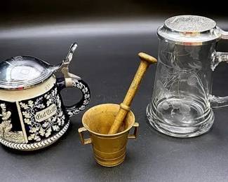 Antique Westeras Metall-Fabrik Brass Mortar And Pestle Set, Heidelberg Stein & German Ceramic Stein