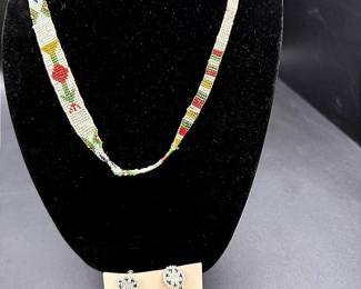 Native American Seed Bead Doll Clip-on Earrings & Unfinished Native American Seed Bead Necklace